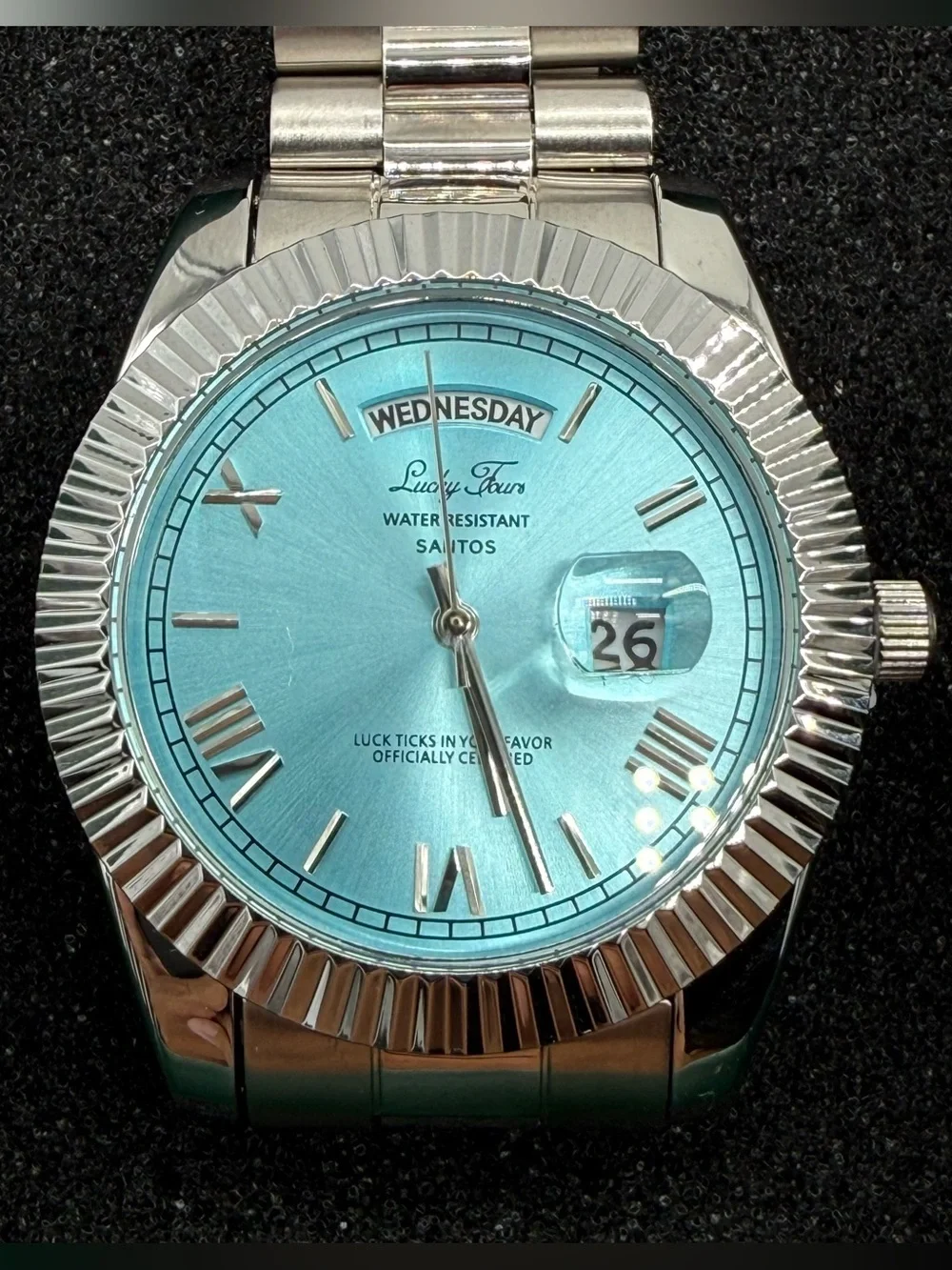 Lucky Fours Santos Aqua Blue 40mm Silver Stainless Steel Day Date Watch